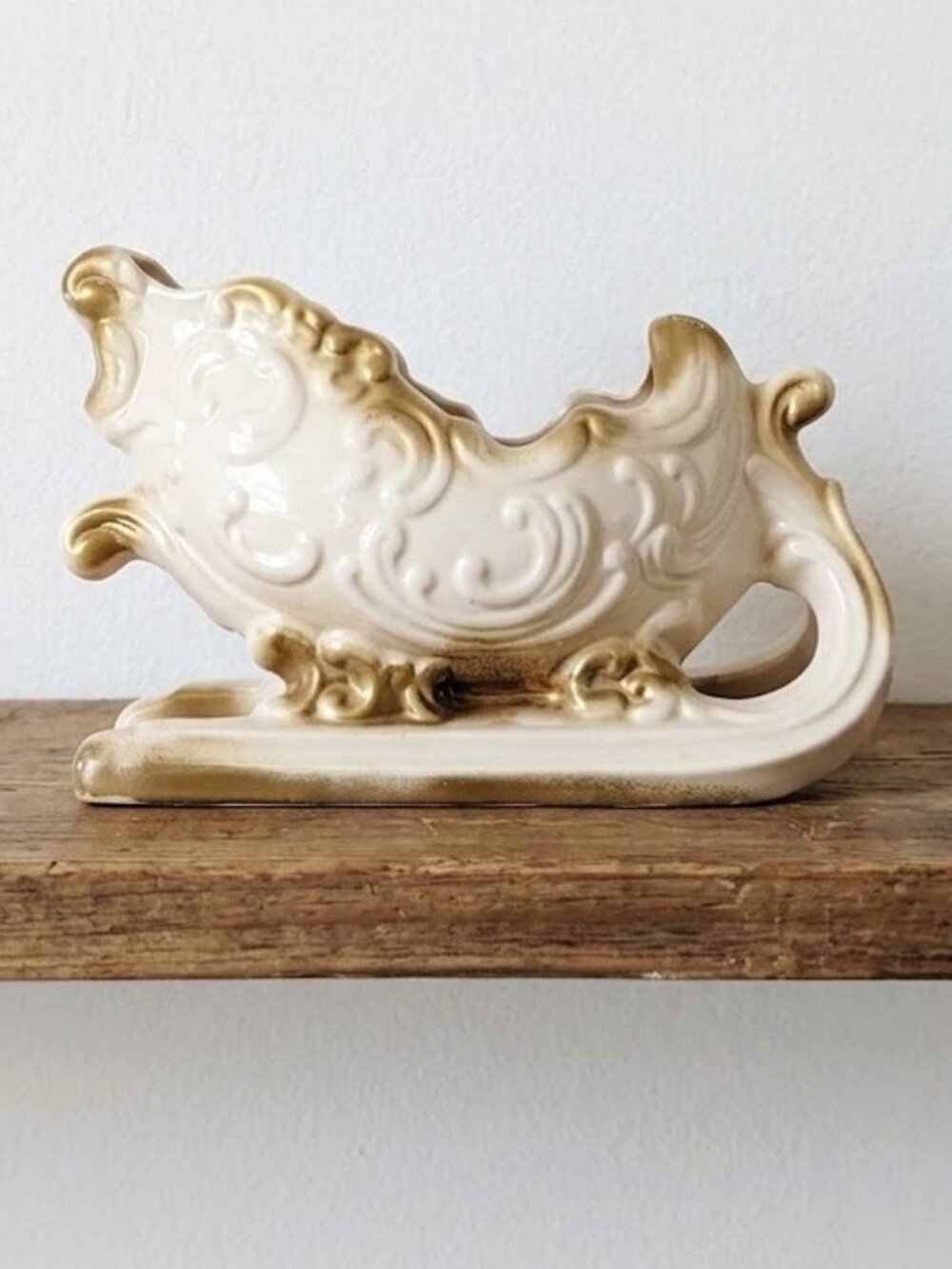 Vintage Ceramic Christmas Sleigh Planter White Gold Gilt Ornate Scroll Holiday
